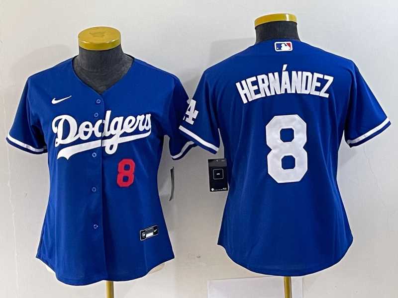Womens Los Angeles Dodgers #8 Kike Hernandez Number Blue Stitched Cool Base Nike Jersey